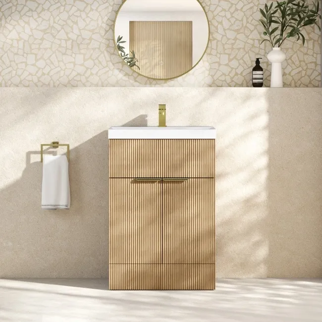 Havana Fluted Country Oak Basin Vanity 600mm - Brushed Brass Accents
