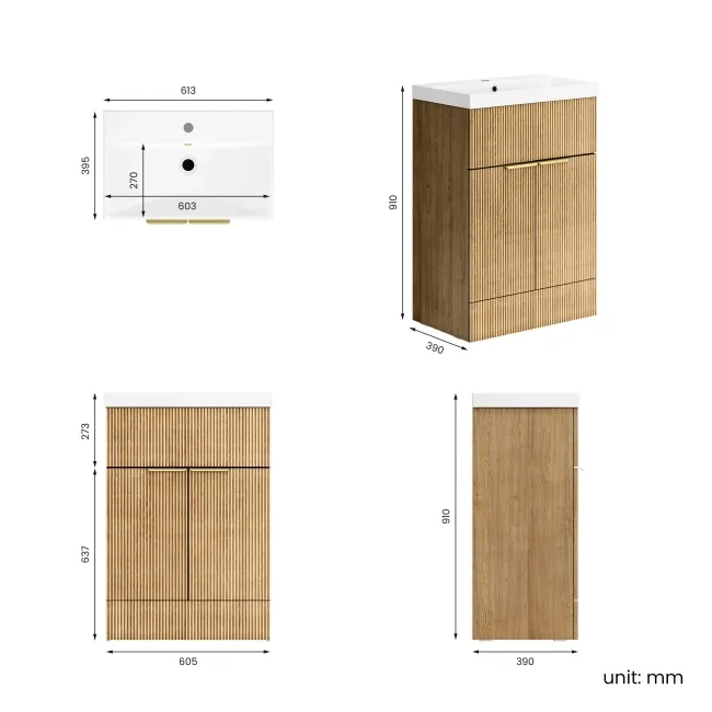 Havana Fluted Country Oak Basin Vanity 600mm - Brushed Brass Accents