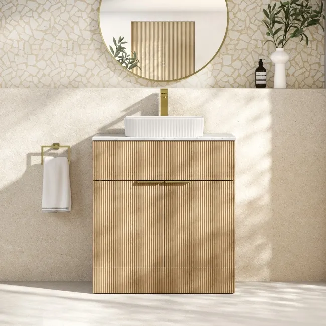 Havana Fluted Country Oak Cabinet with Marble Top & Reno Basin 800mm - Brushed Brass Accents