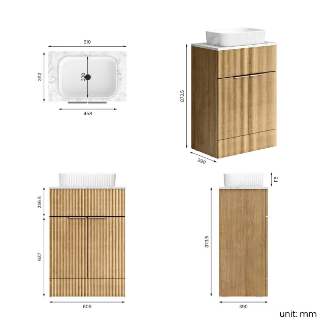 Havana Fluted Country Oak Cabinet with Marble Top & Reno Basin 600mm - Chrome Handles