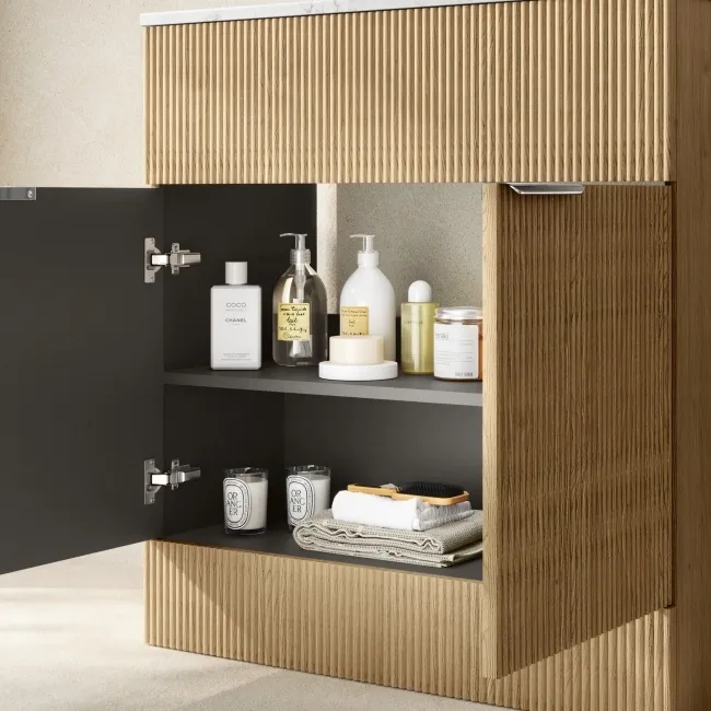 Havana Fluted Country Oak Cabinet with Marble Top 800mm (Excludes Counter Top Basin) - Chrome Handles