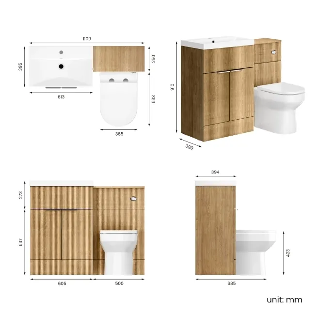 Havana Fluted Country Oak Combination Vanity Basin and Miami Toilet 1100mm - Chrome Handles