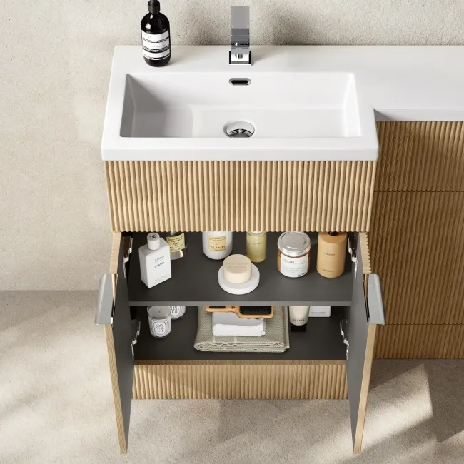 Havana Fluted Country Oak Basin Vanity and Back To Wall Toilet Unit 1100mm (Excludes Toilet) - Chrome Handles - Left Handed