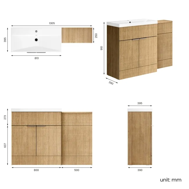 Havana Fluted Country Oak Basin Vanity and Back To Wall Toilet Unit 1300mm (Excludes Toilet) - Chrome Handles