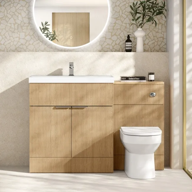 Havana Fluted Country Oak Combination Vanity Basin and Miami Toilet 1300mm - Chrome Handles