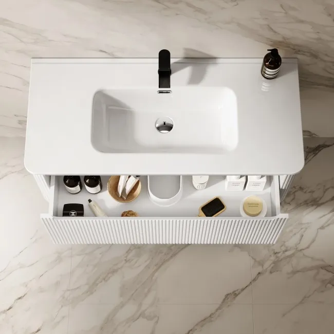 Sorrento Fluted Coastal White Wall Hung Basin Drawer Vanity 1000mm