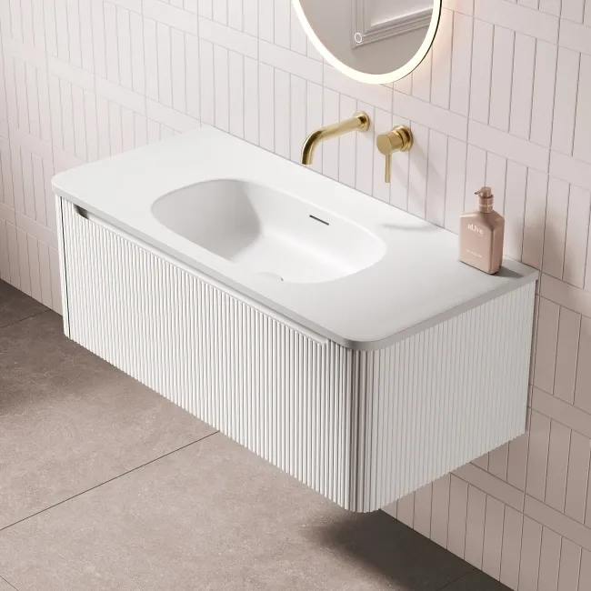Sorrento Fluted Coastal White Wall Hung Drawer Vanity with Matt White Basin 1000mm