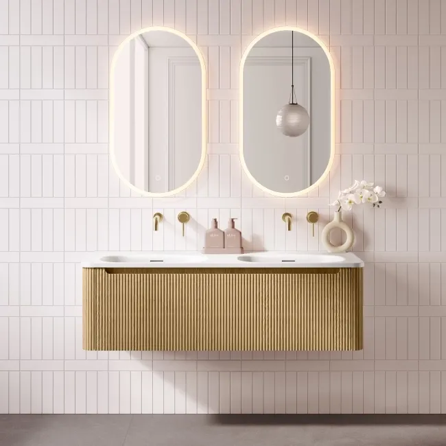 Sorrento Fluted Country Oak Wall Hung Drawer Vanity with Matt White Double Basin 1200mm