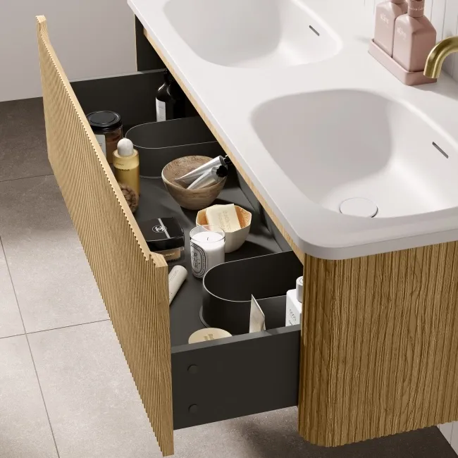 Sorrento Fluted Country Oak Wall Hung Drawer Vanity with Matt White Double Basin 1200mm