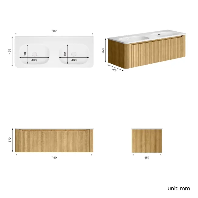 Sorrento Fluted Country Oak Wall Hung Drawer Vanity with Matt White Double Basin 1200mm
