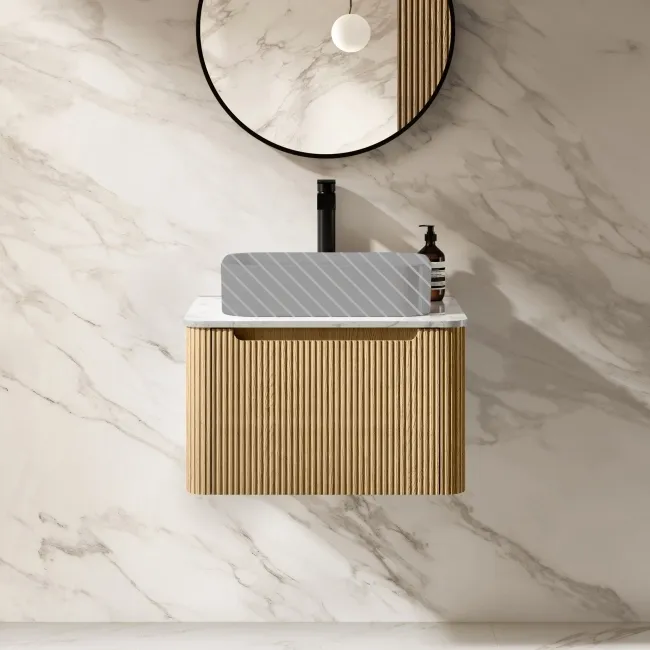 Sorrento Fluted Country Oak Wall Hung Drawer Vanity with Marble Top 600mm - Excludes Counter Top Basin