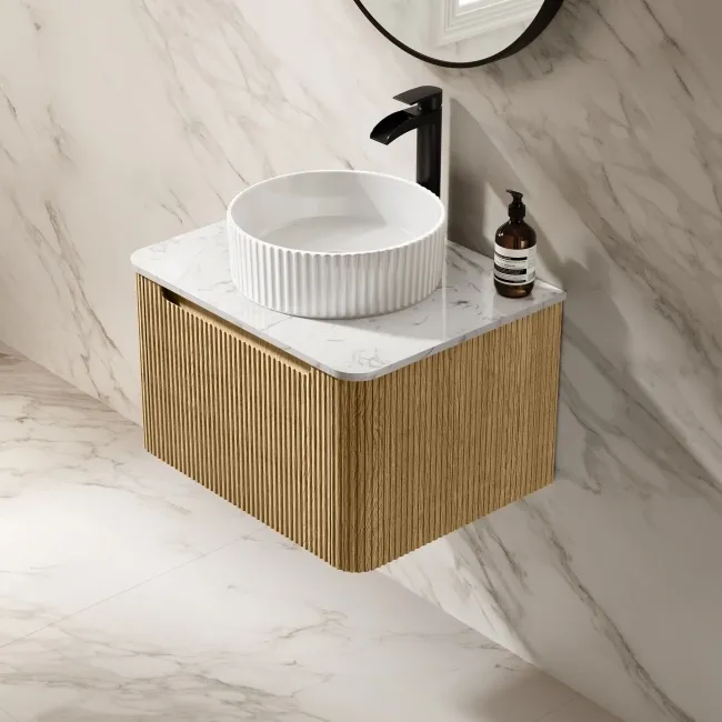 Sorrento Fluted Country Oak Wall Hung Drawer Vanity with Marble Top & Nevis Basin 600mm