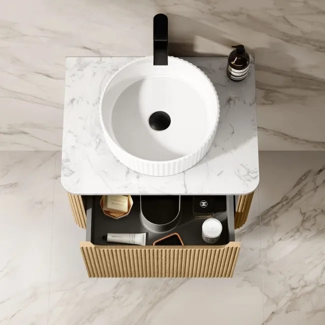 Sorrento Fluted Country Oak Wall Hung Drawer Vanity with Marble Top & Nevis Basin 600mm