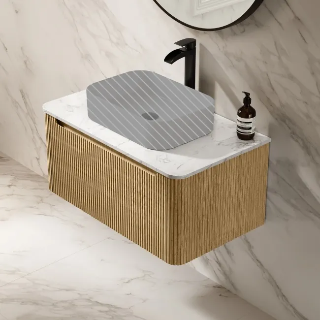 Sorrento Fluted Country Oak Wall Hung Drawer Vanity with Marble Top 800mm - Excludes Counter Top Basin