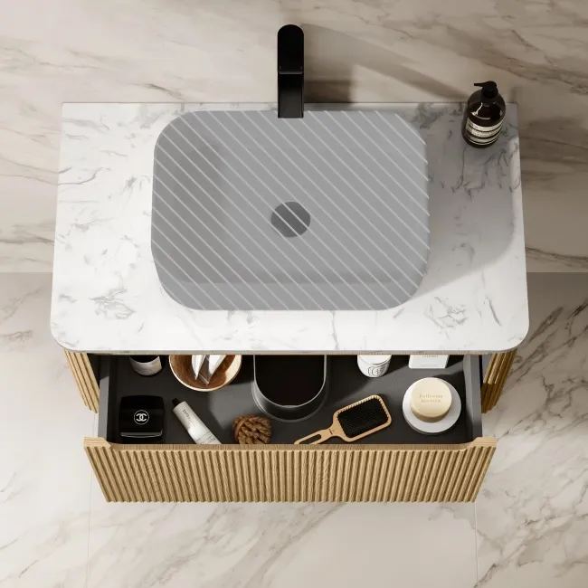 Sorrento Fluted Country Oak Wall Hung Drawer Vanity with Marble Top 800mm - Excludes Counter Top Basin