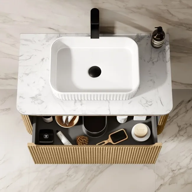 Sorrento Fluted Country Oak Wall Hung Drawer Vanity with Marble Top & Reno Basin 800mm