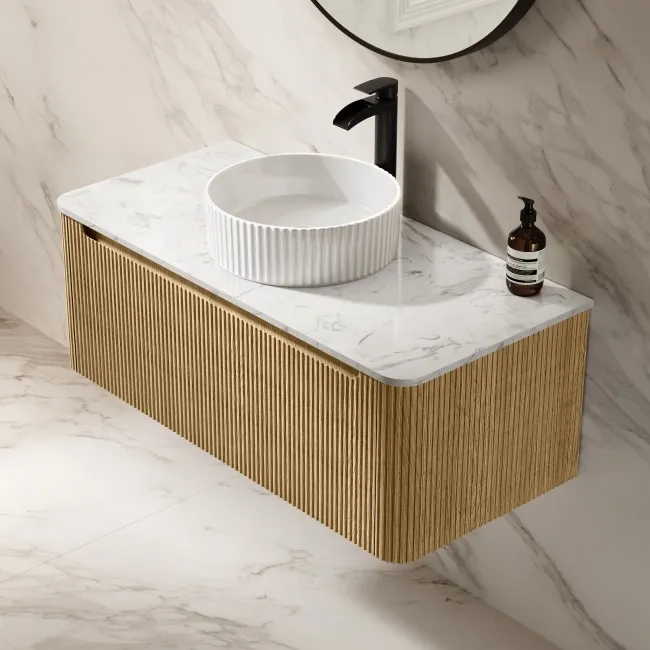 Sorrento Fluted Country Oak Wall Hung Drawer Vanity with Marble Top & Nevis Basin 1000mm
