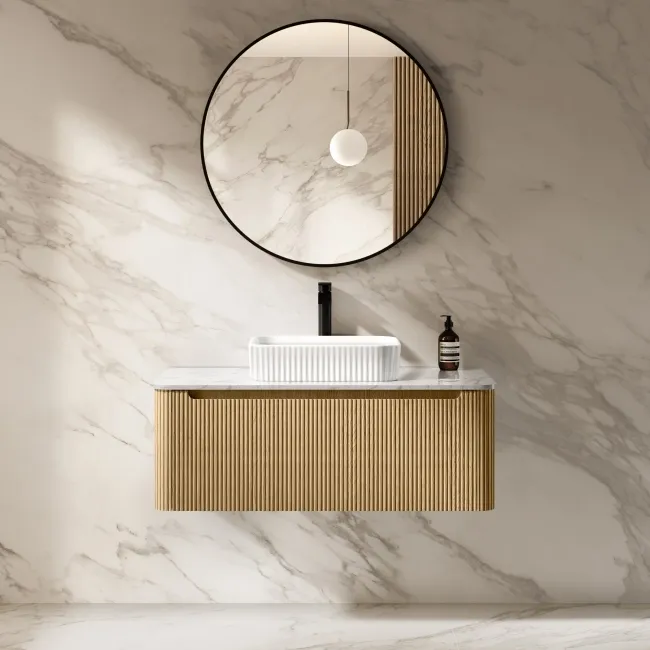 Sorrento Fluted Country Oak Wall Hung Drawer Vanity with Marble Top & Reno Basin 1000mm