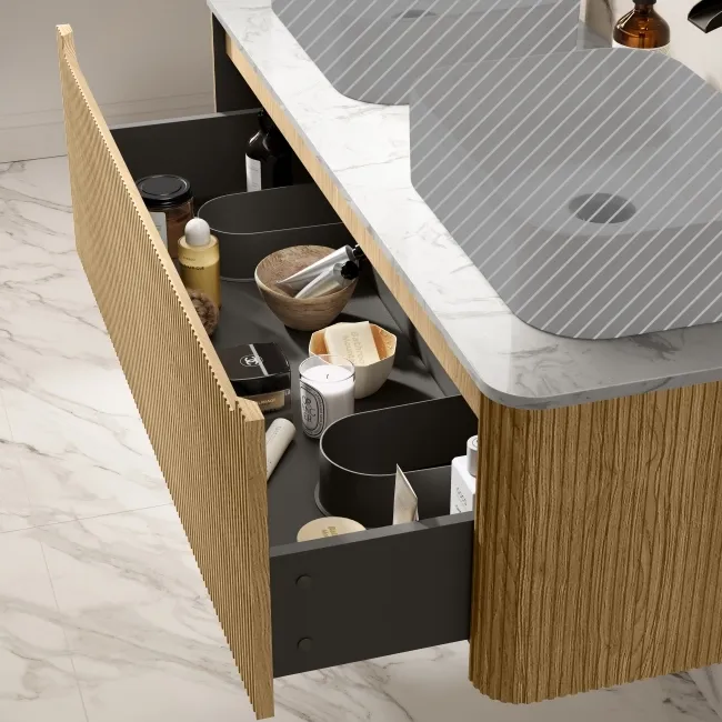 Sorrento Fluted Country Oak Double Wall Hung Drawer Vanity with Marble Top 1200mm - Excludes Counter Top Basin