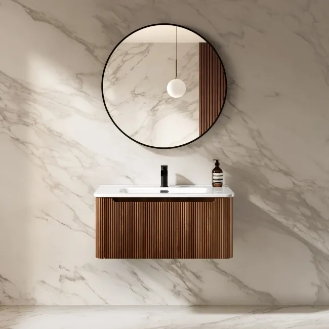 Sorrento Fluted Black Walnut Wall Hung Basin Drawer Vanity 800mm