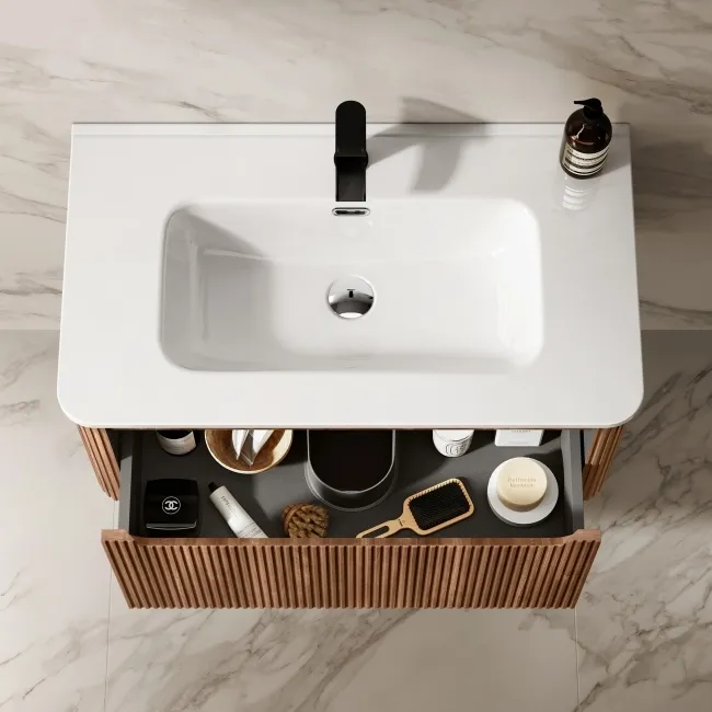 Sorrento Fluted Black Walnut Wall Hung Basin Drawer Vanity 800mm