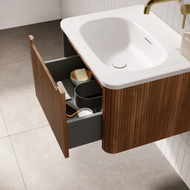 Sorrento Fluted Black Walnut Wall Hung Drawer Vanity with Matt White Basin 600mm