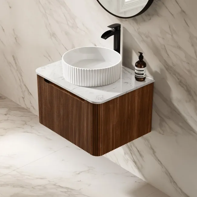 Sorrento Fluted Black Walnut Wall Hung Drawer Vanity with Marble Top & Nevis Basin 600mm