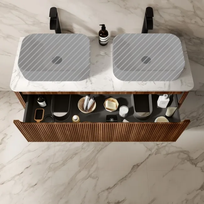 Sorrento Fluted Black Walnut Double Wall Hung Drawer Vanity with Marble Top 1200mm - Excludes Counter Top Basin