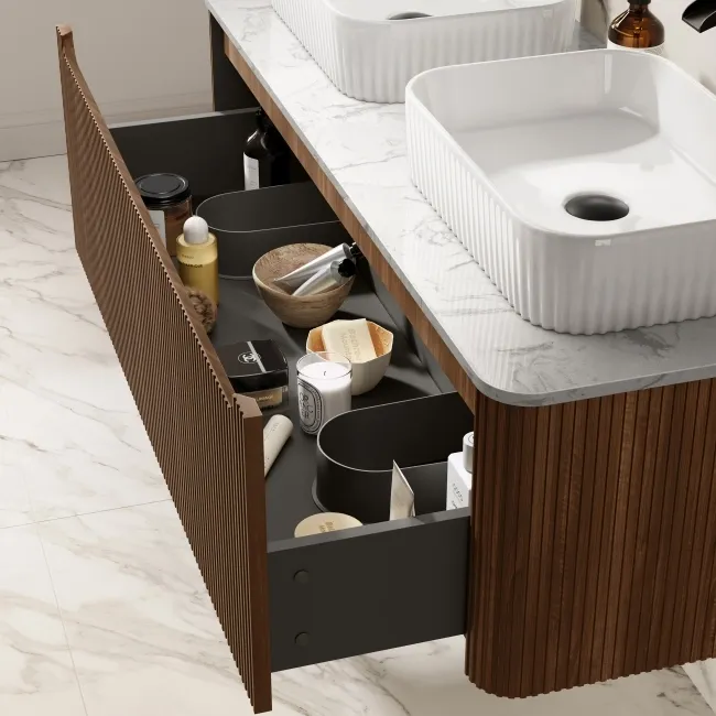 Sorrento Fluted Black Walnut Double Wall Hung Drawer Vanity with Marble Top & Reno Basin 1200mm
