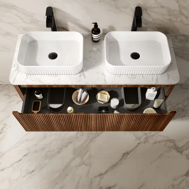 Sorrento Fluted Black Walnut Double Wall Hung Drawer Vanity with Marble Top & Reno Basin 1200mm