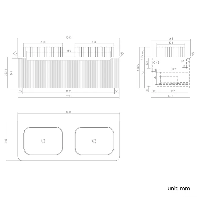 Sorrento Fluted Black Walnut Double Wall Hung Drawer Vanity with Marble Top & Reno Basin 1200mm