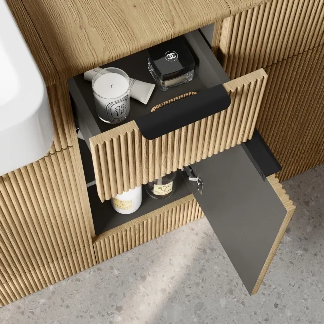 Sicily Fluted Country Oak Side Cabinet Unit 300mm - Black Accents