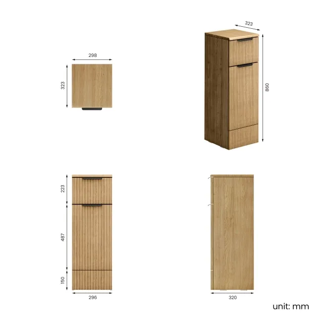 Sicily Fluted Country Oak Side Cabinet Unit 300mm - Black Accents