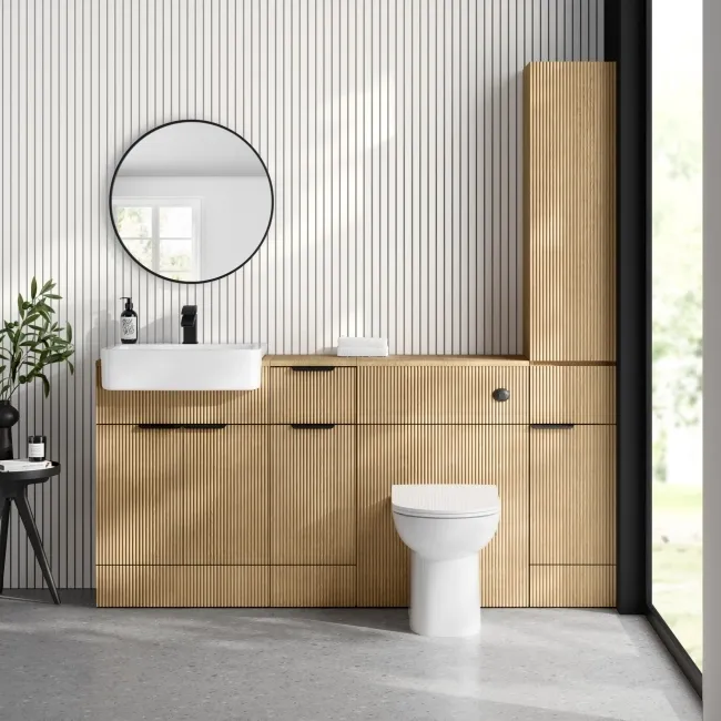 Sicily Fluted Country Oak Floor Standing Tall Cabinet Unit 1900x300mm - Black Accents