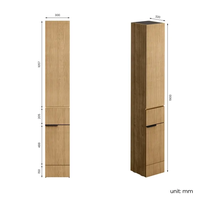 Sicily Fluted Country Oak Floor Standing Tall Cabinet Unit 1900x300mm - Black Accents