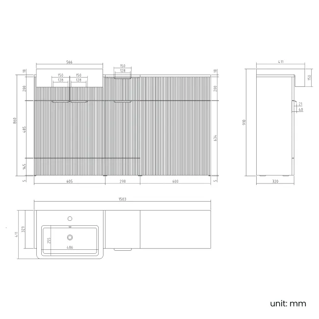Sicily Fluted Country Oak Combination Vanity Basin 1500mm (Excludes Toilet) - Black Accents