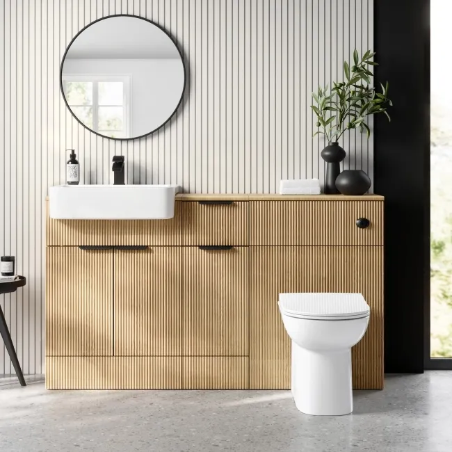 Sicily Fluted Country Oak Combination Vanity Basin and Aruba Toilet 1500mm - Black Accents
