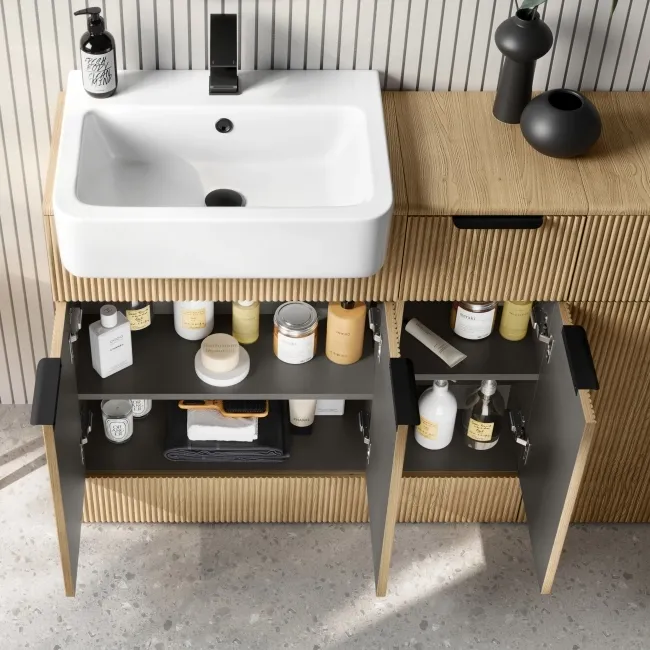Sicily Fluted Country Oak Combination Vanity Basin and Aruba Toilet 1500mm - Black Accents