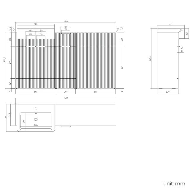 Sicily Fluted Country Oak Combination Vanity Basin with Marble Top 1500mm (Excludes Toilet) - Black Accents