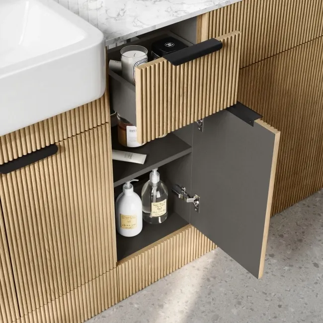 Sicily Fluted Country Oak Combination Vanity Basin with Marble Top & Utah Comfort Height Toilet 1500mm - Black Accents