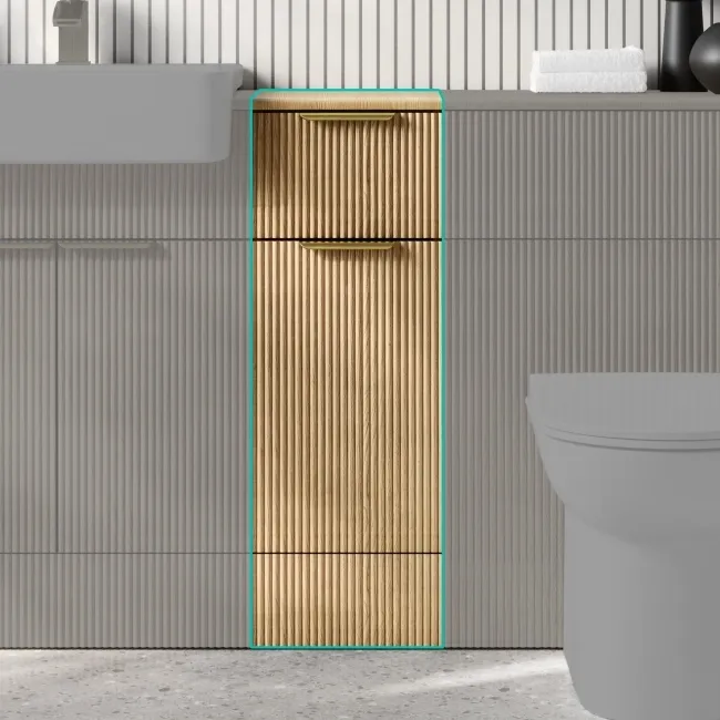 Sicily Fluted Country Oak Side Cabinet Unit 300mm - Brushed Brass Accents