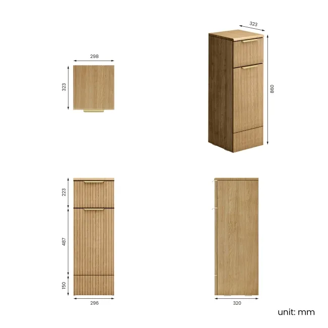 Sicily Fluted Country Oak Side Cabinet Unit 300mm - Brushed Brass Accents