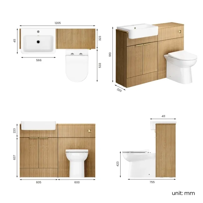 Sicily Fluted Country Oak Combination Vanity Basin and Aruba Toilet 1200mm - Brushed Brass Accents