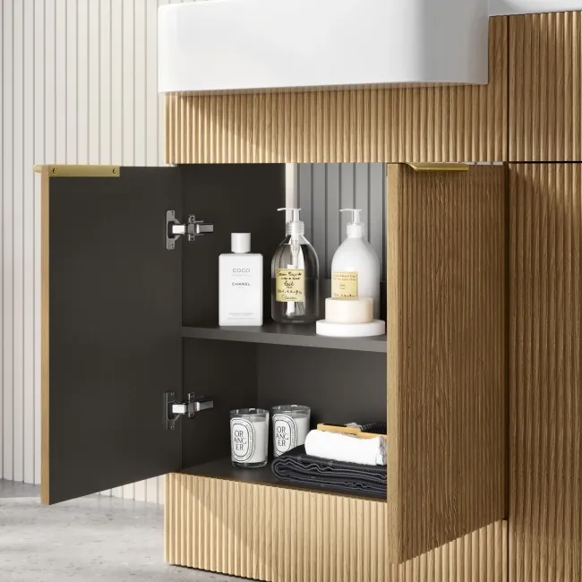 Sicily Fluted Country Oak Basin Vanity and Back To Wall Toilet Unit 1200mm (Excludes Toilet) - Brushed Brass Accents - Left Handed