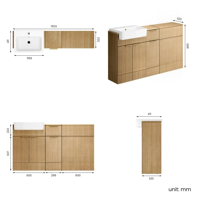 Sicily Fluted Country Oak Combination Vanity Basin 1500mm (Excludes Toilet) - Brushed Brass Accents
