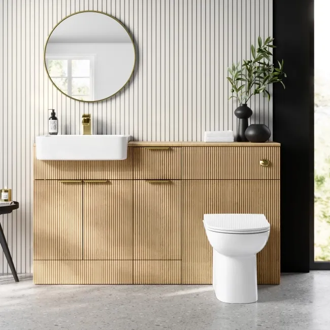 Sicily Fluted Country Oak Combination Vanity Basin and Aruba Toilet 1500mm - Brushed Brass Accents