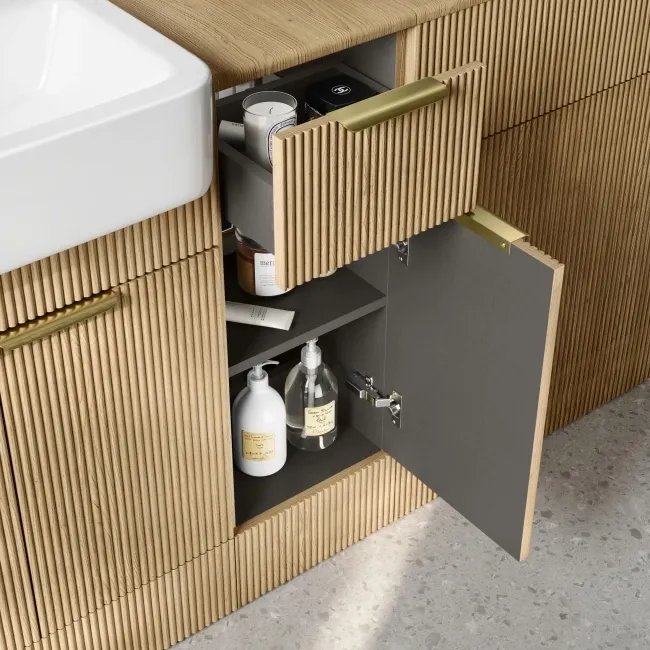 Sicily Fluted Country Oak Combination Vanity Basin and Aruba Toilet 1500mm - Brushed Brass Accents