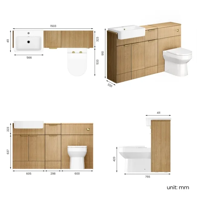 Sicily Fluted Country Oak Combination Vanity Basin and Miami Toilet 1500mm - Brushed Brass Accents