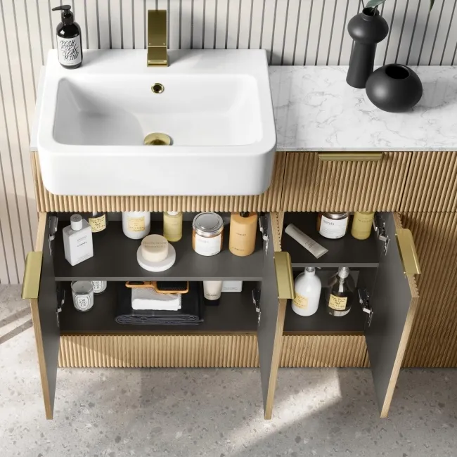Sicily Fluted Country Oak Combination Vanity Basin with Marble Top 1500mm (Excludes Toilet) - Brushed Brass Accents
