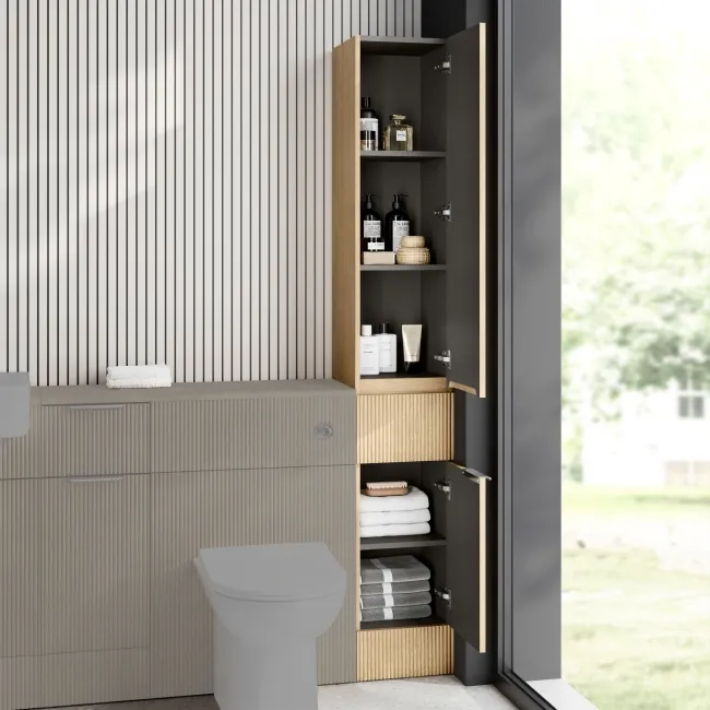 Sicily Fluted Country Oak Floor Standing Tall Cabinet Unit 1900x300mm - Chrome Handles